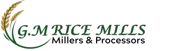 Logo of G.M Rice Mills featuring stylized green text with gold initials ‘G.M’ alongside an illustration of a golden rice stalk on a white background, indicating the company’s business in rice milling and processing.